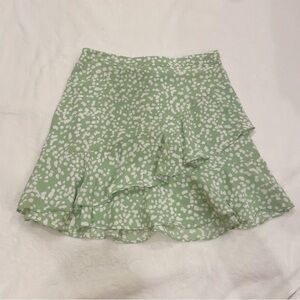 Green and White Patterned Ruffle Mini Skirt